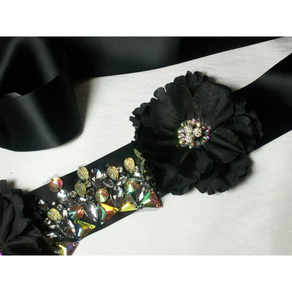 AB Rhinestone Floral Black Satin Belt Sash Prom Party Formal Bridal Goth Belt - Picture 4 of 5